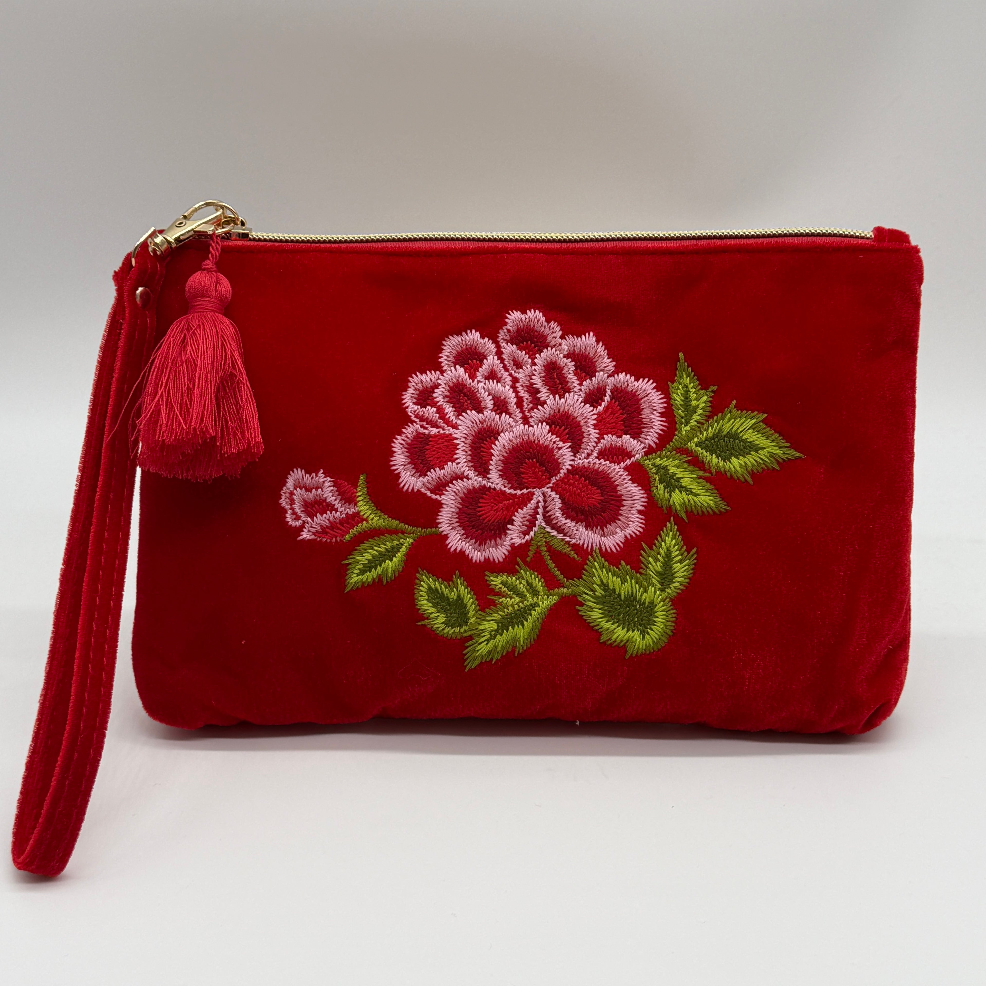 Velvet Tassel Embroidered Wristlet Pouch / Makeup Bag