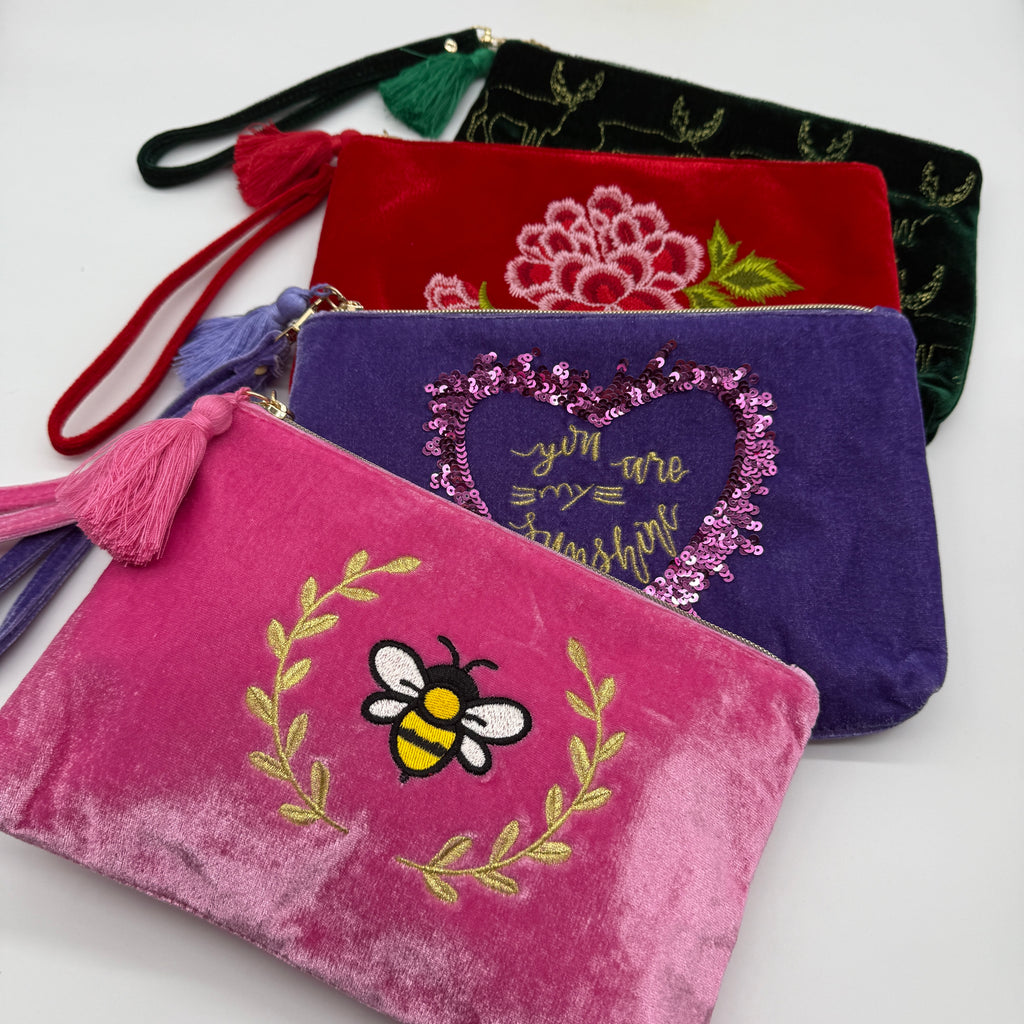 Velvet Tassel Embroidered Wristlet Pouch / Makeup Bag