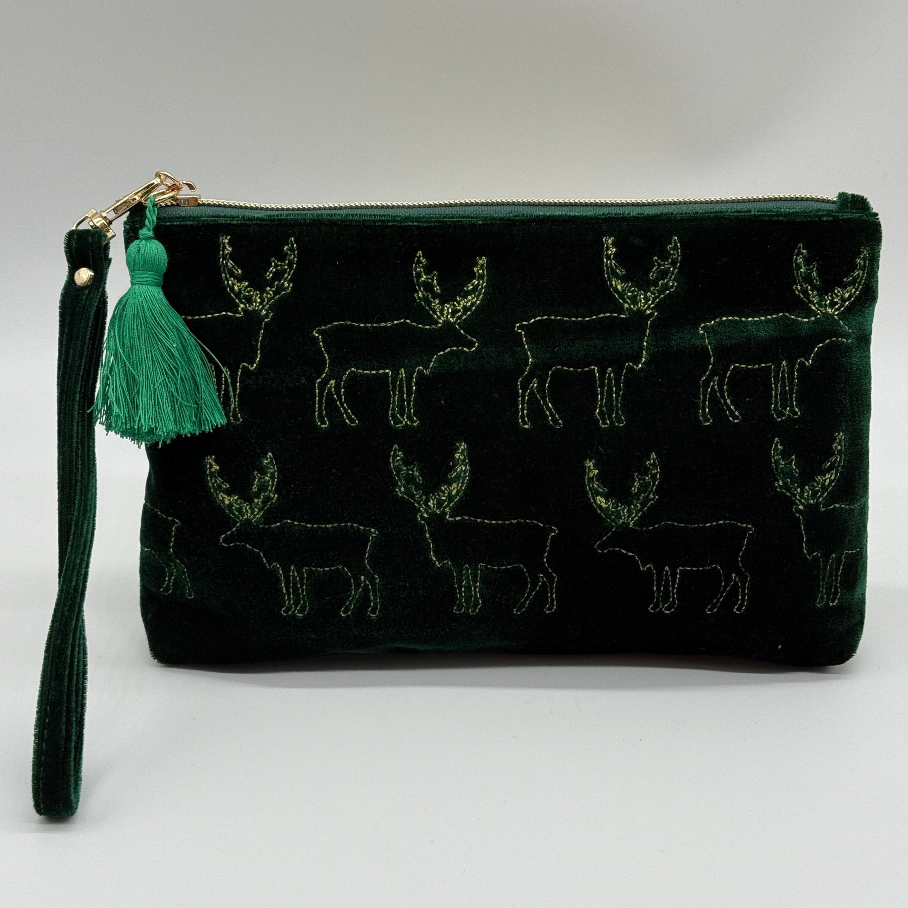 Velvet Tassel Embroidered Wristlet Pouch / Makeup Bag