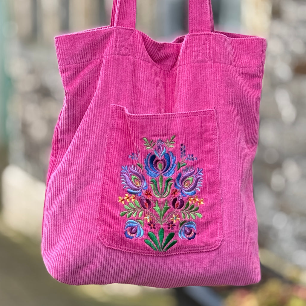 Floral Embroidered Corduroy Tote Bag