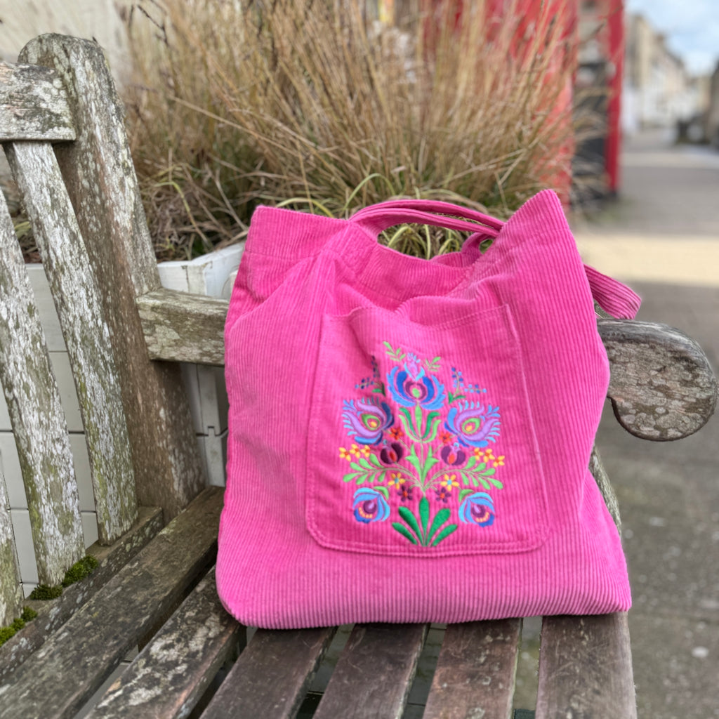 Floral Embroidered Corduroy Tote Bag
