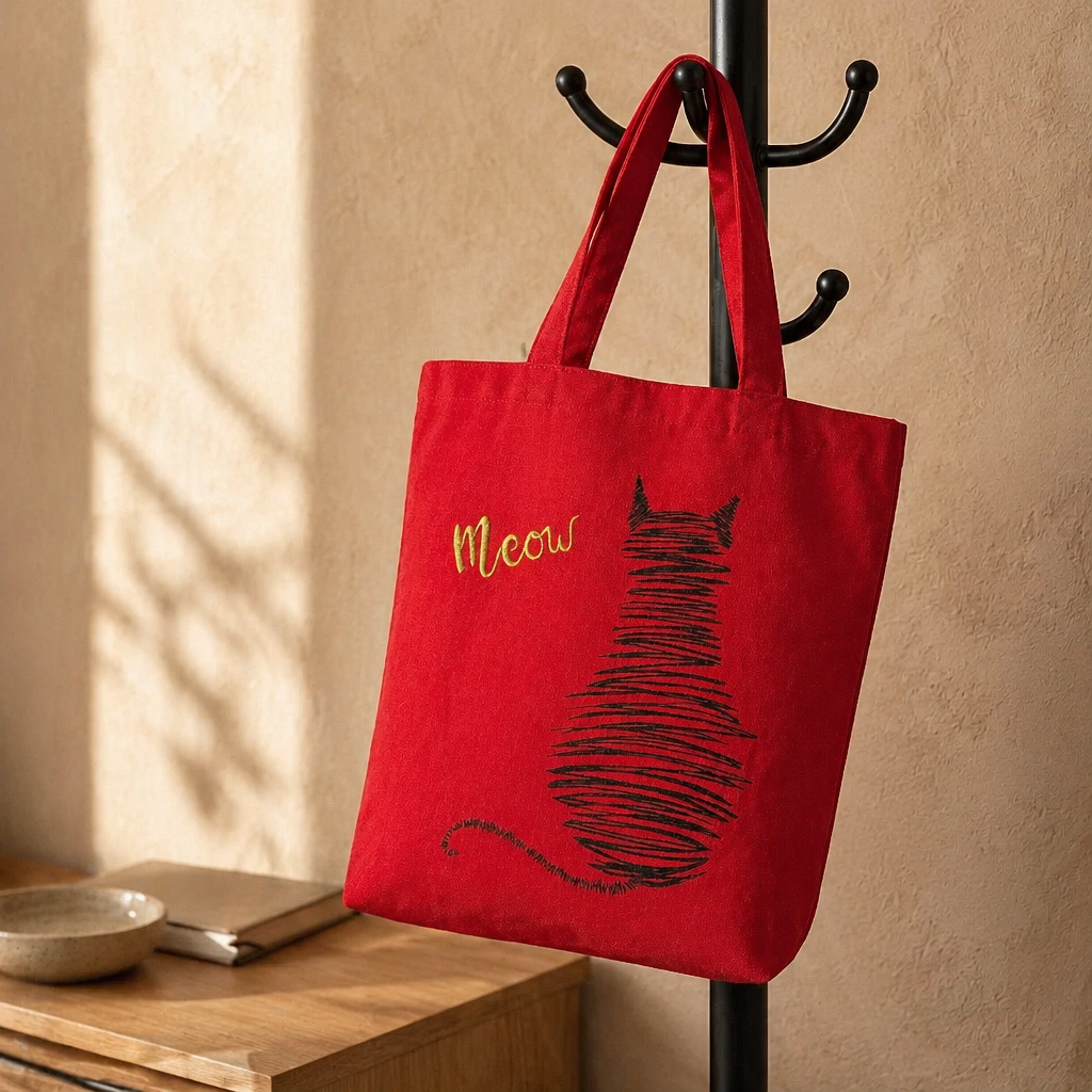 Scribble Cat Embroidered Canvas Tote Bag