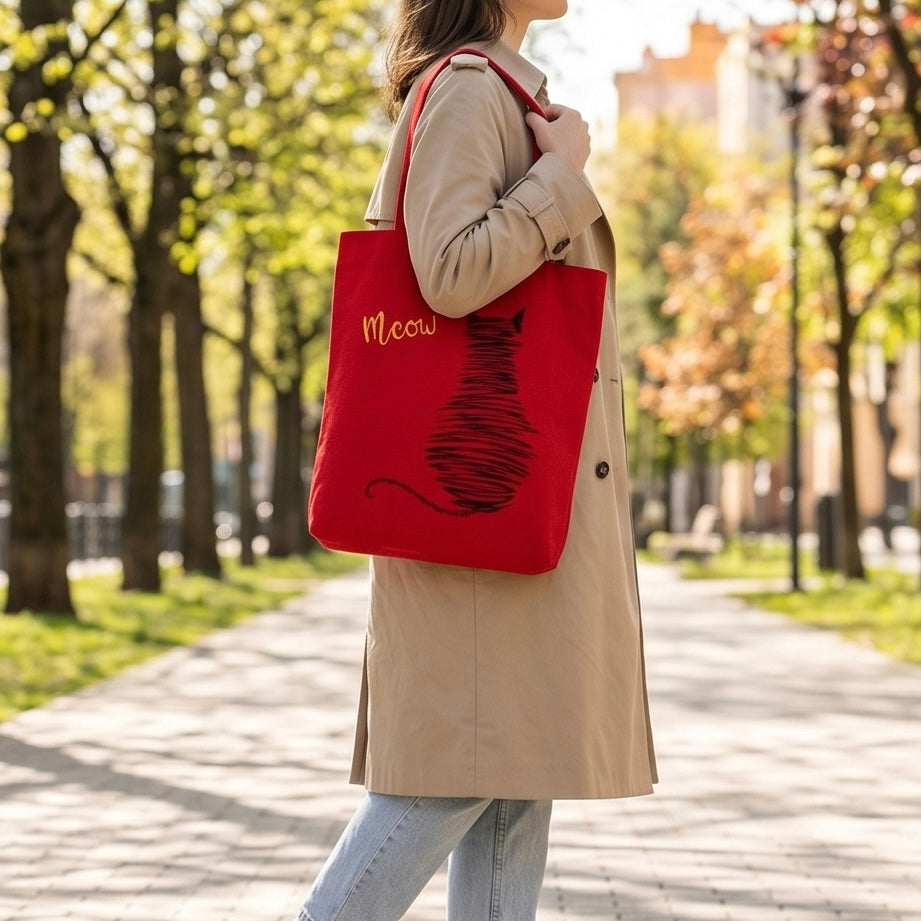 Scribble Cat Embroidered Canvas Tote Bag