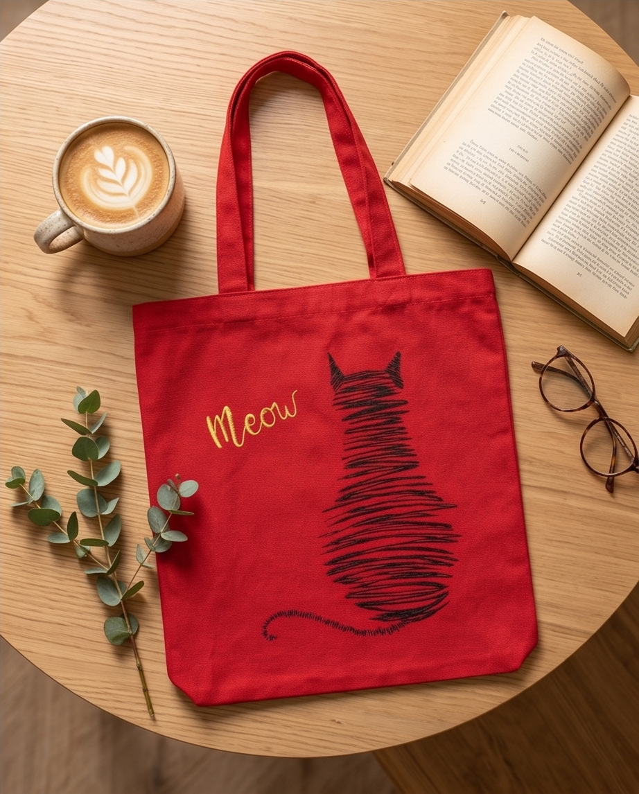 Scribble Cat Embroidered Canvas Tote Bag