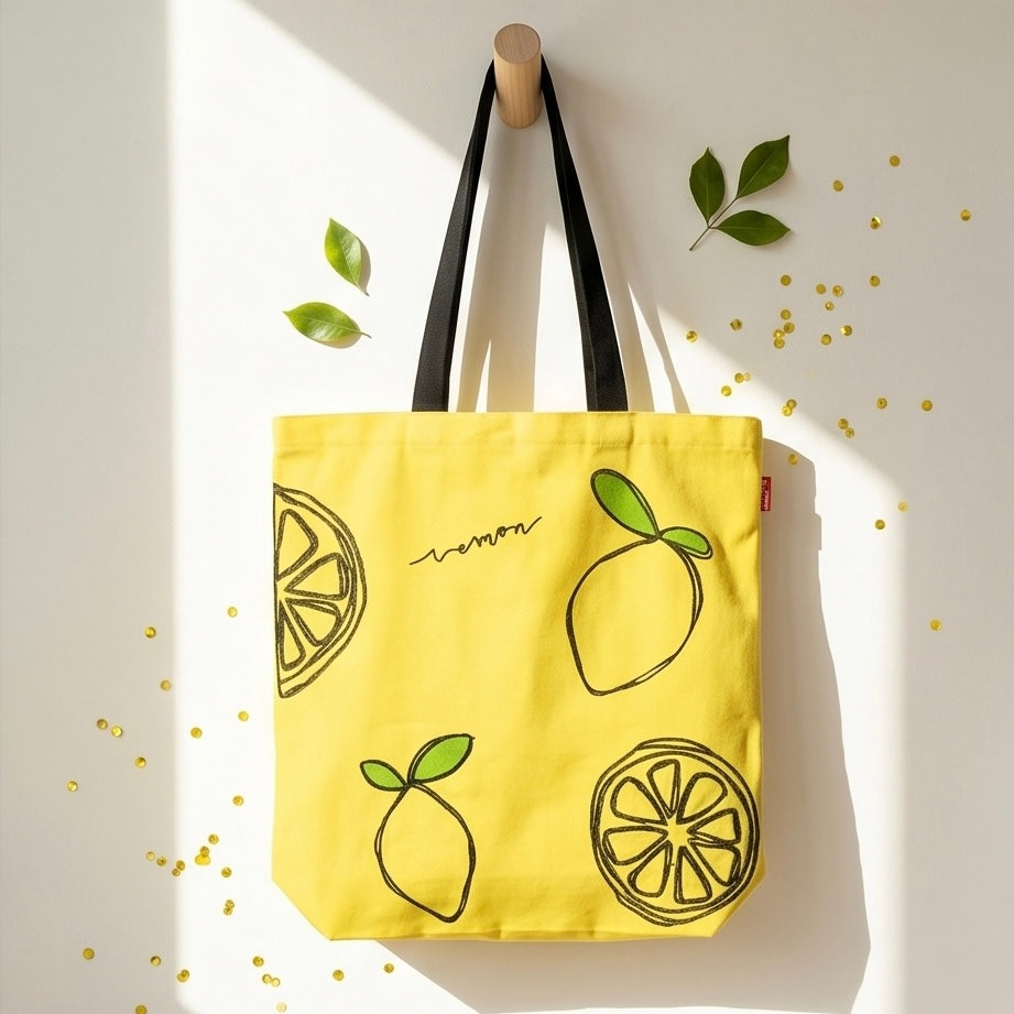 Yellow Lemon Embroidered Canvas Tote Bag
