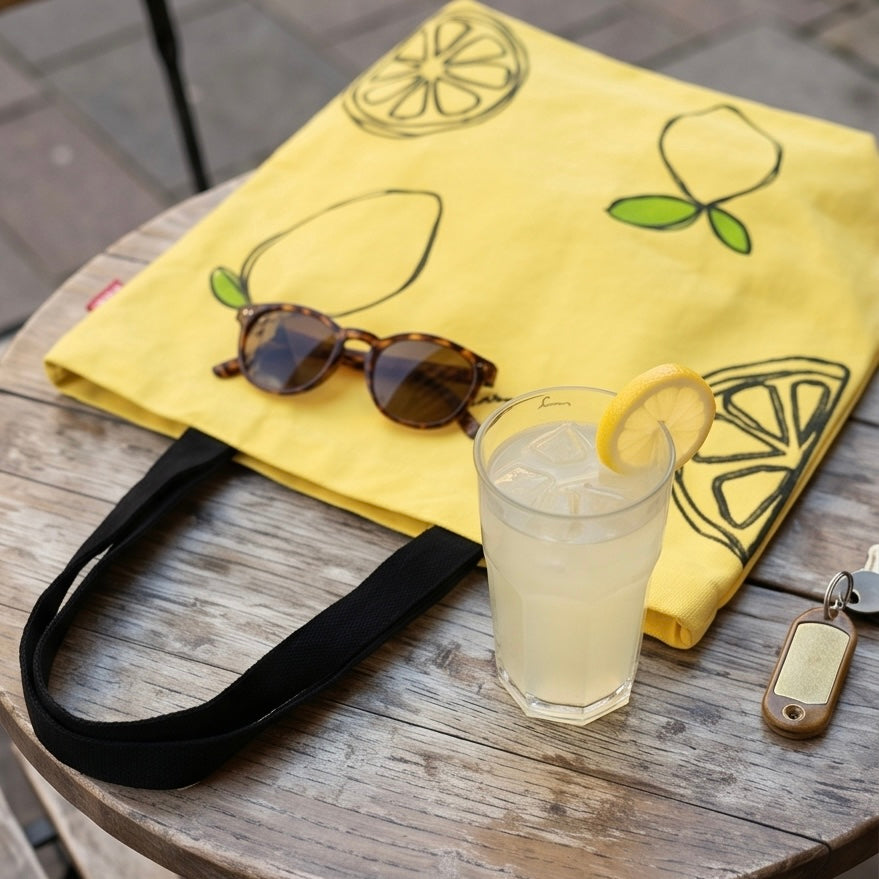 Yellow Lemon Embroidered Canvas Tote Bag