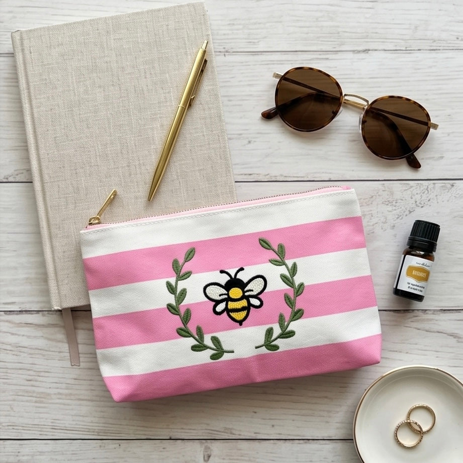 Bee Embroidered Striped Zipper Pouch/Makeup Bag