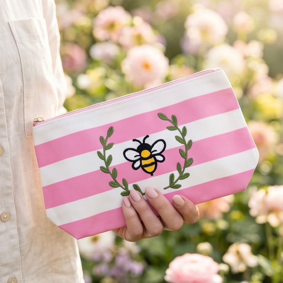 Bee Embroidered Striped Zipper Pouch/Makeup Bag