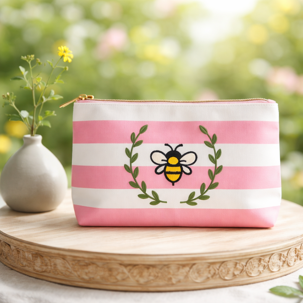 Bee Embroidered Striped Zipper Pouch/Makeup Bag