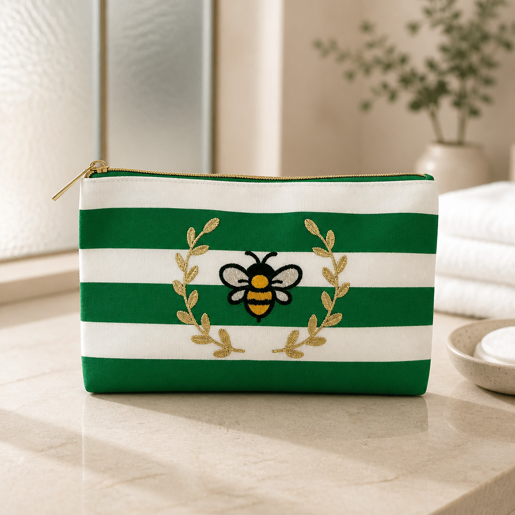 Bee Embroidered Striped Zipper Pouch/Makeup Bag