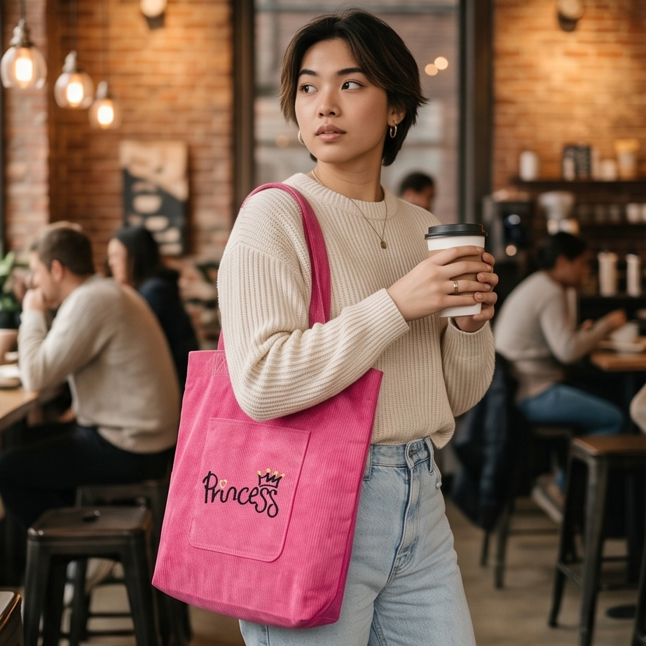 Princess Embroidered Corduroy Tote Bag
