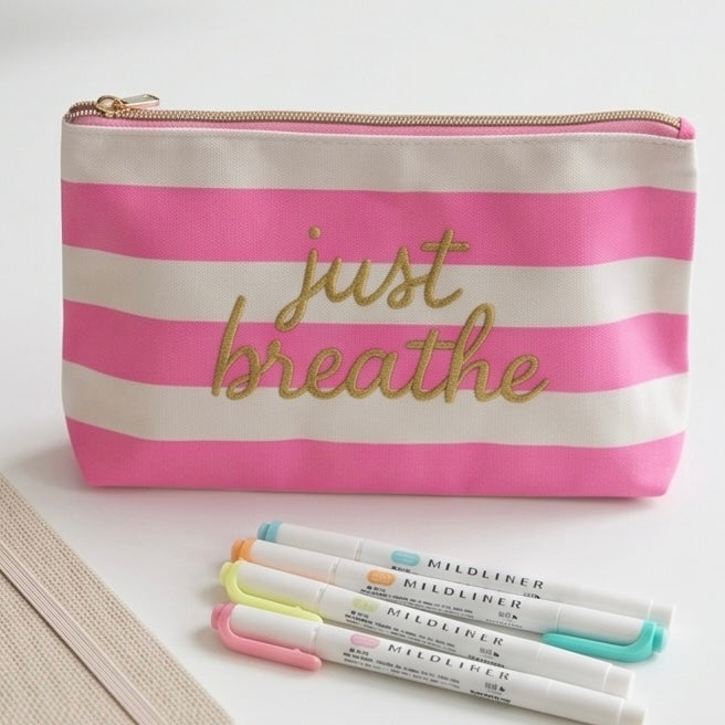 Just breathe Striped Embroidered Zipper Pouch