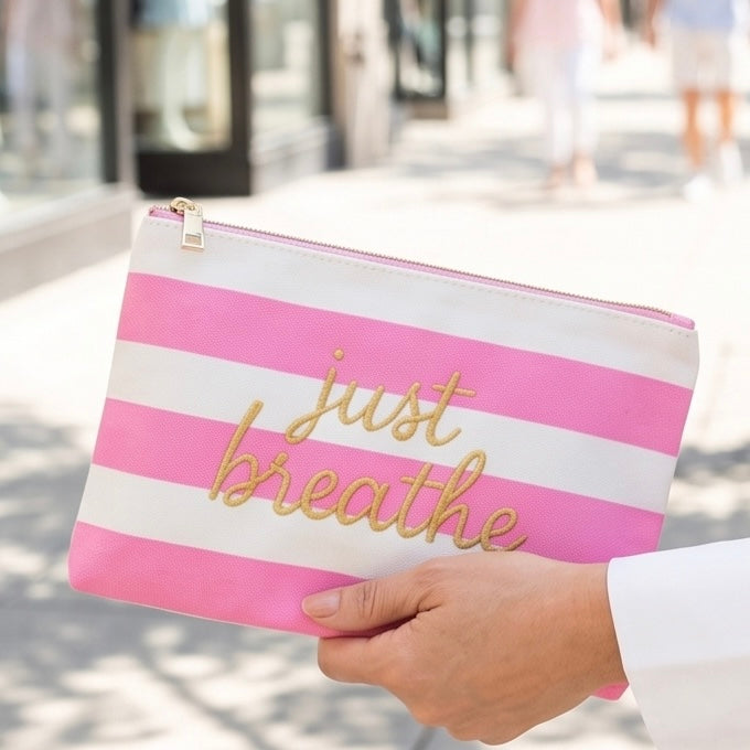 Just breathe Striped Embroidered Zipper Pouch