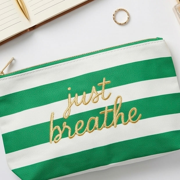 Just breathe Striped Embroidered Zipper Pouch
