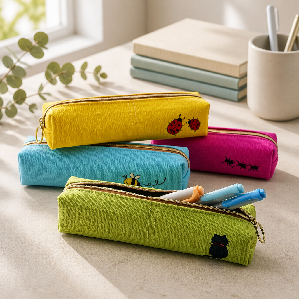 Embroidered Canvas Zipper Pencil Case / Makeup Bag