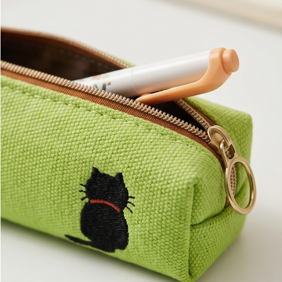 Embroidered Canvas Zipper Pencil Case / Makeup Bag