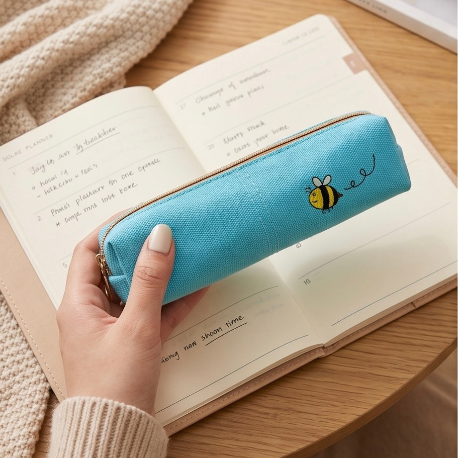 Embroidered Canvas Zipper Pencil Case / Makeup Bag