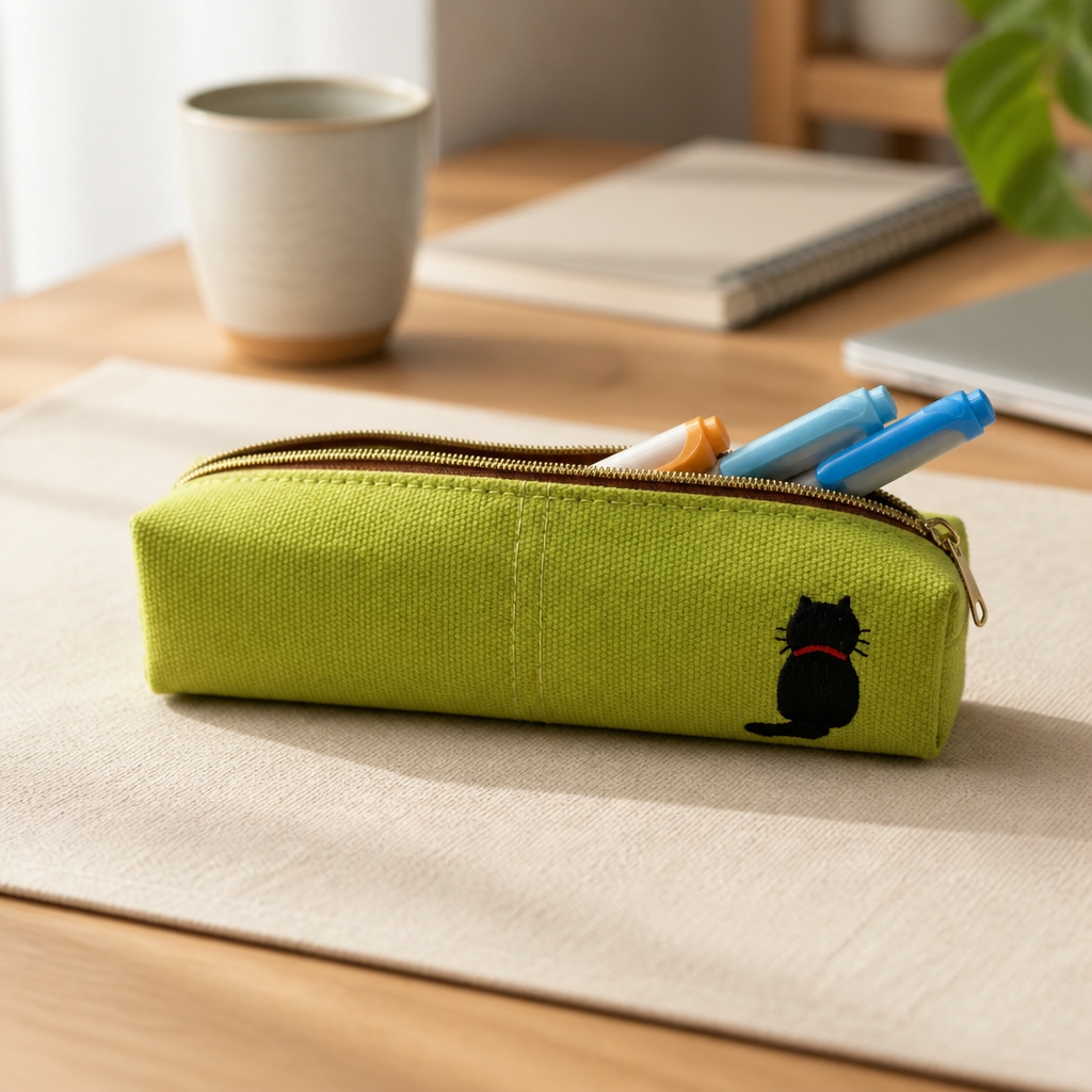 Embroidered Canvas Zipper Pencil Case / Makeup Bag