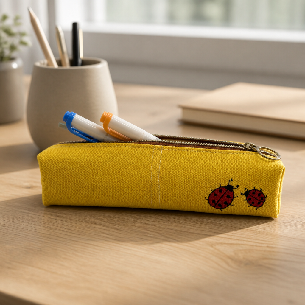 Embroidered Canvas Zipper Pencil Case / Makeup Bag