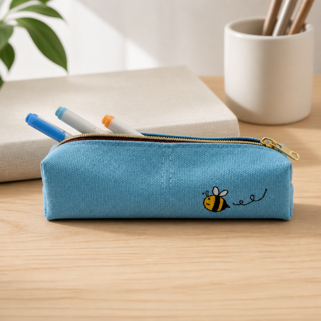 Embroidered Canvas Zipper Pencil Case / Makeup Bag