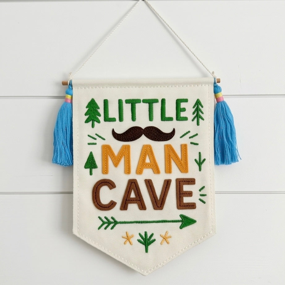 "Little Man Cave" Embroidered Canvas Banner