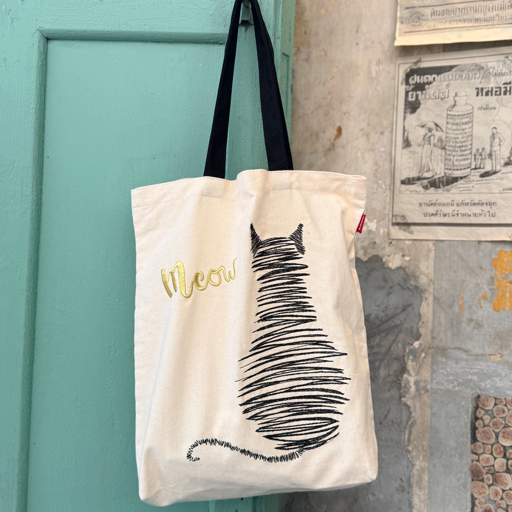 Scribble Cat Embroidered Canvas Tote Bag