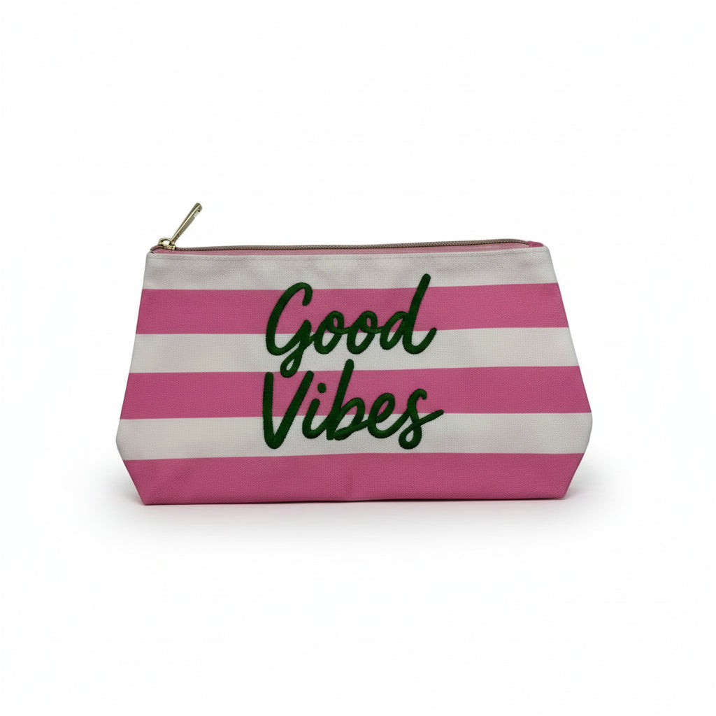 Striped pouch with 'Good Vibes' text on a white background