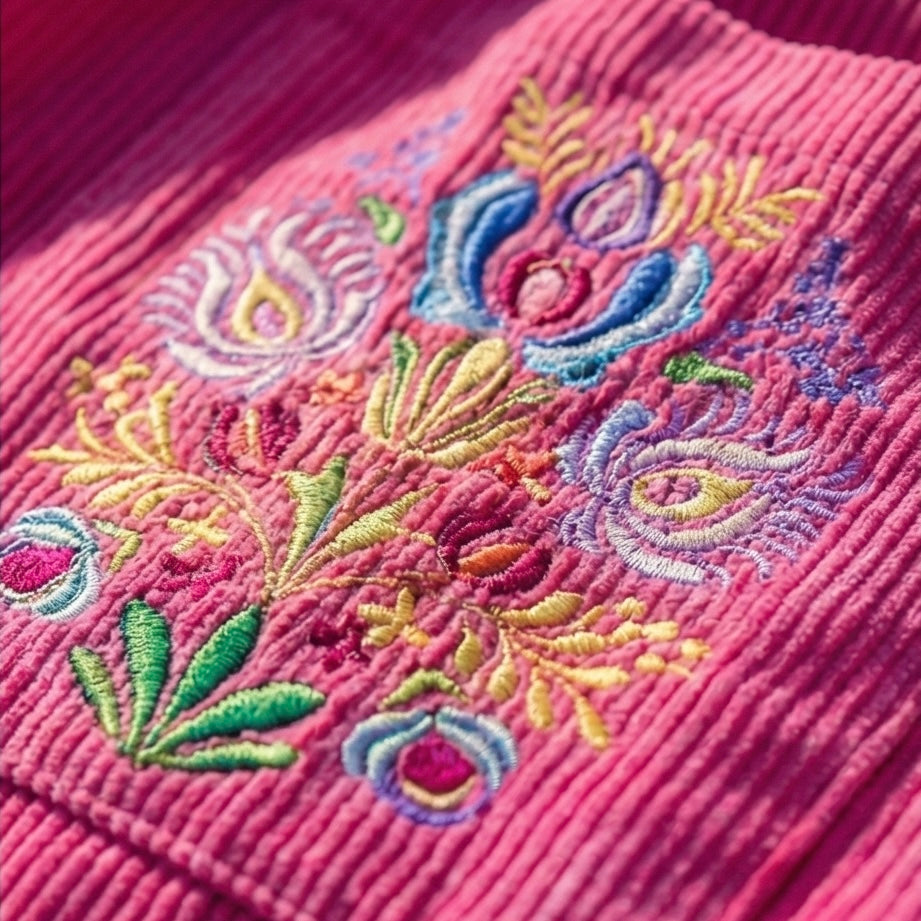 Floral Embroidered Corduroy Tote Bag