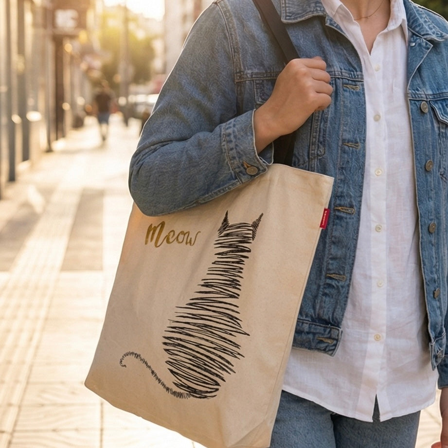 Scribble Cat Embroidered Canvas Tote Bag