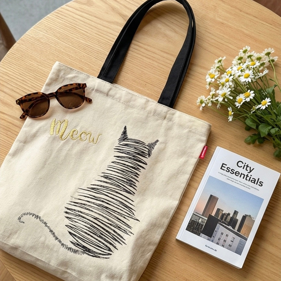Scribble Cat Embroidered Canvas Tote Bag