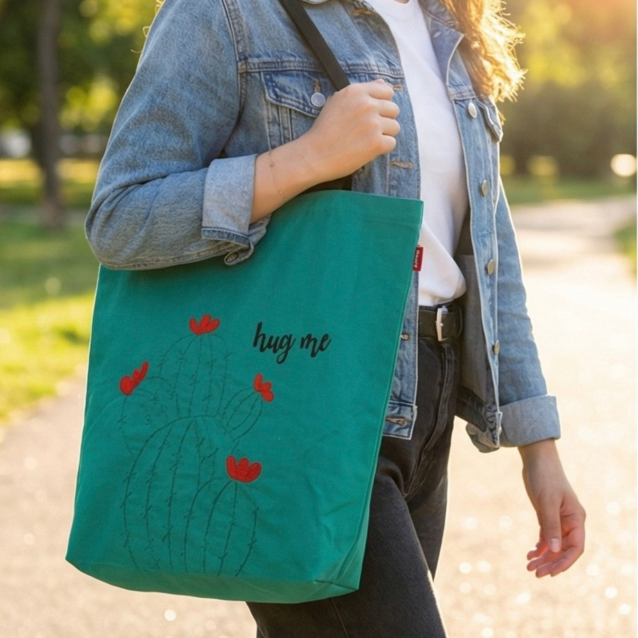 Cactus Embroidered Canvas Tote Bag
