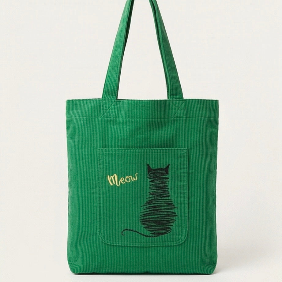 Scribble Cat Embroidered Corduroy Tote Bag