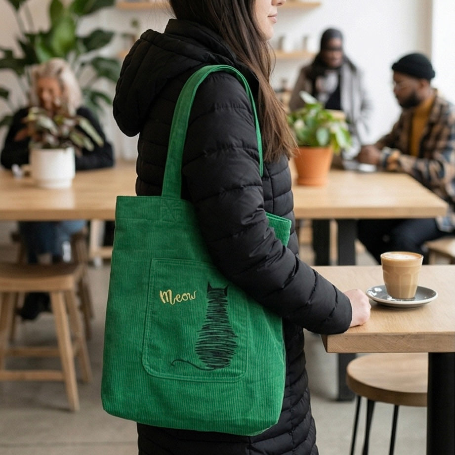 Scribble Cat Embroidered Corduroy Tote Bag