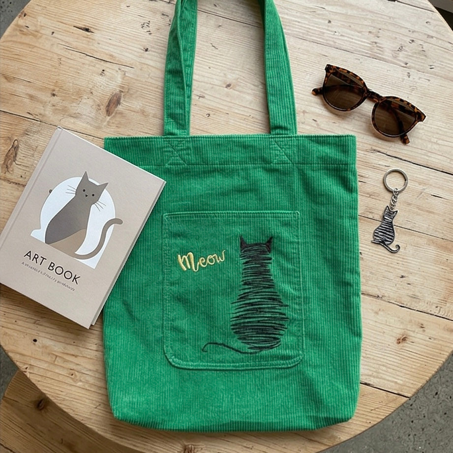 Scribble Cat Embroidered Corduroy Tote Bag