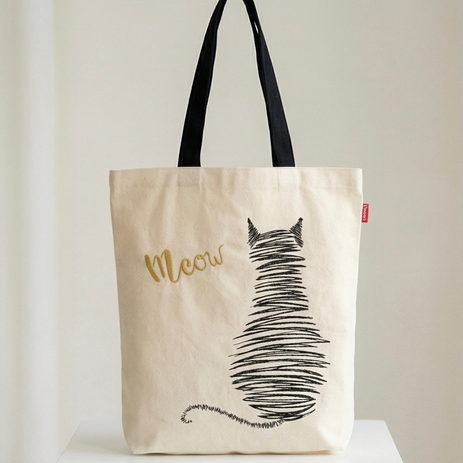 Scribble Cat Embroidered Canvas Tote Bag