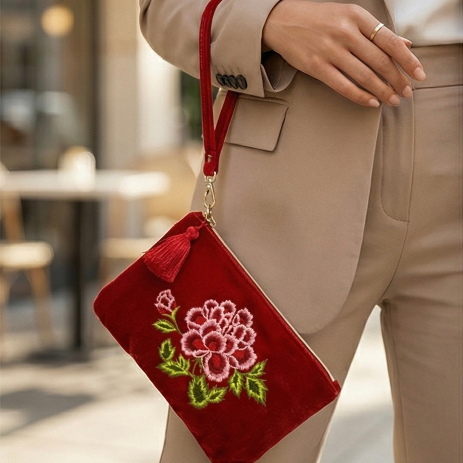 Velvet Tassel Embroidered Wristlet Pouch / Makeup Bag