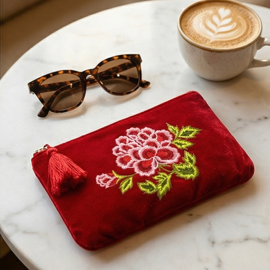 Velvet Tassel Embroidered Wristlet Pouch / Makeup Bag
