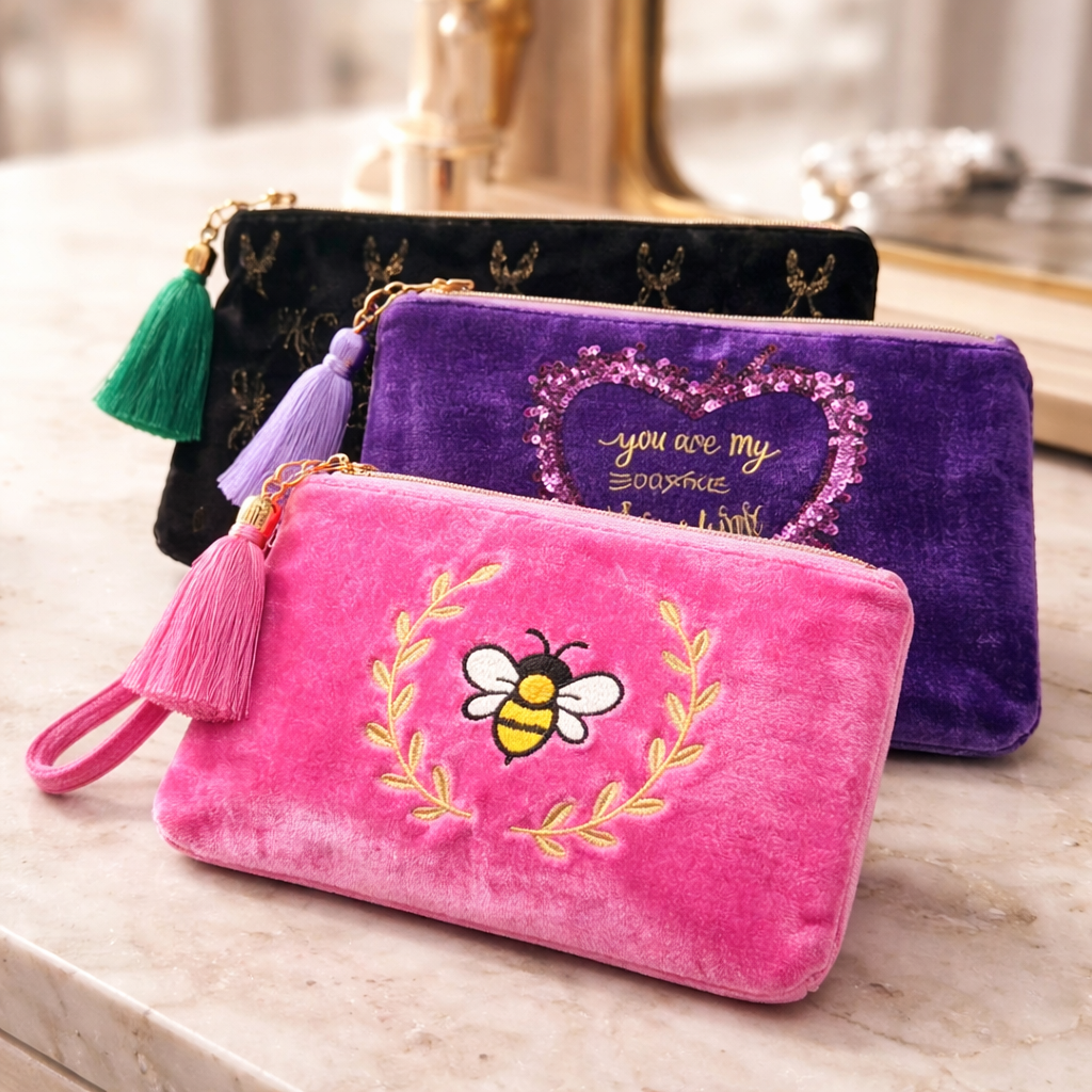 Velvet Tassel Embroidered Wristlet Pouch / Makeup Bag