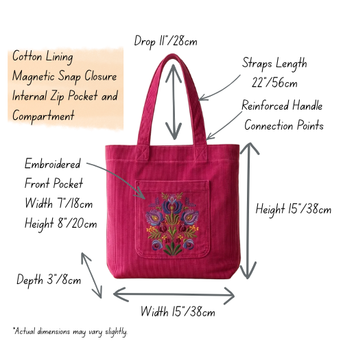 Floral Embroidered Corduroy Tote Bag