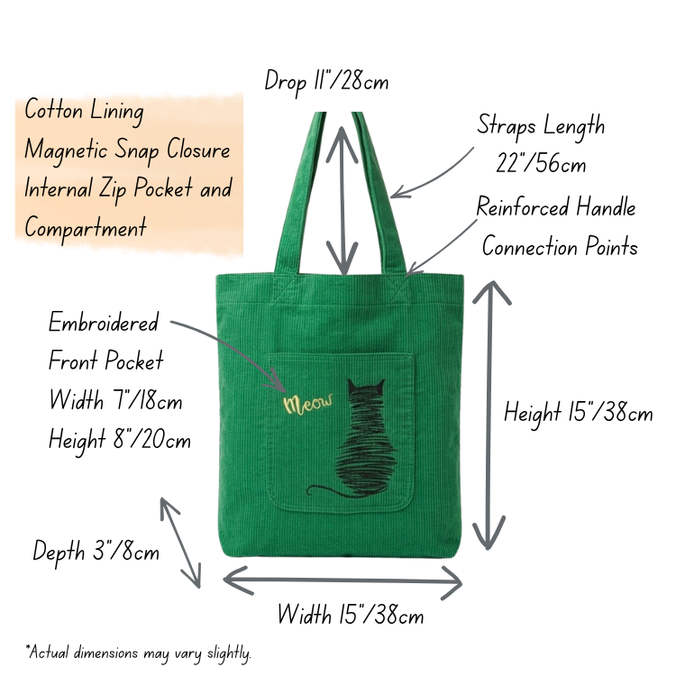 Scribble Cat Embroidered Corduroy Tote Bag