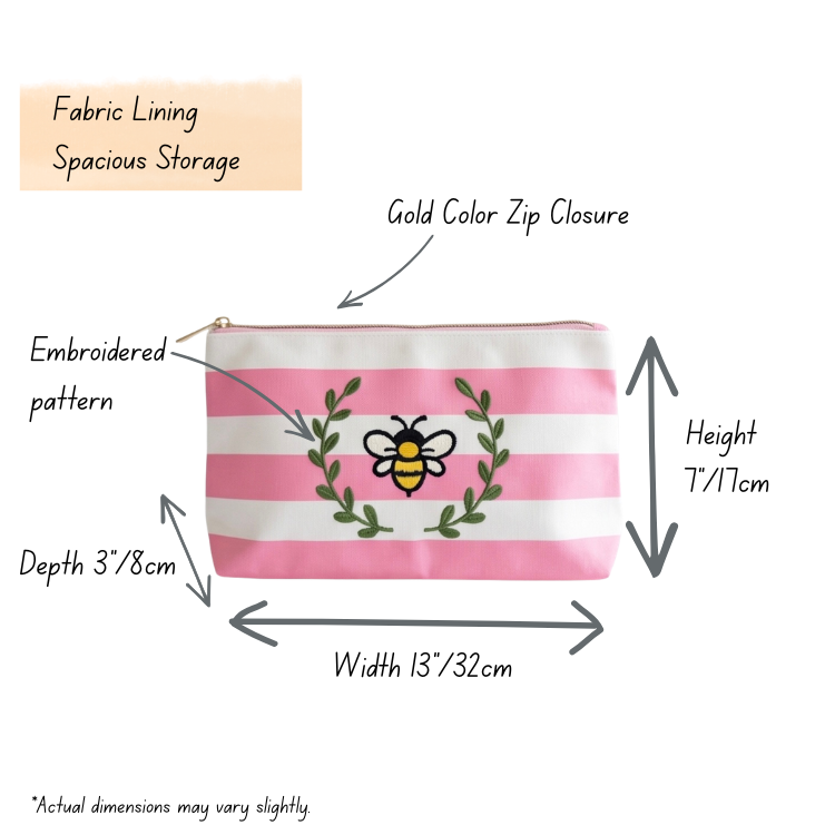 Bee Embroidered Striped Zipper Pouch/Makeup Bag